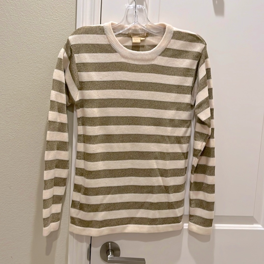 Metallic gold and off-white striped holiday sweater new not worn